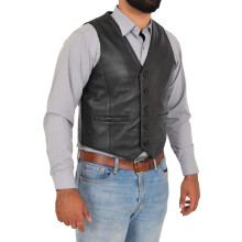 (Black, 3XL) Mens Full Leather Waistcoat Gilet Traditional Smart Vest King Black