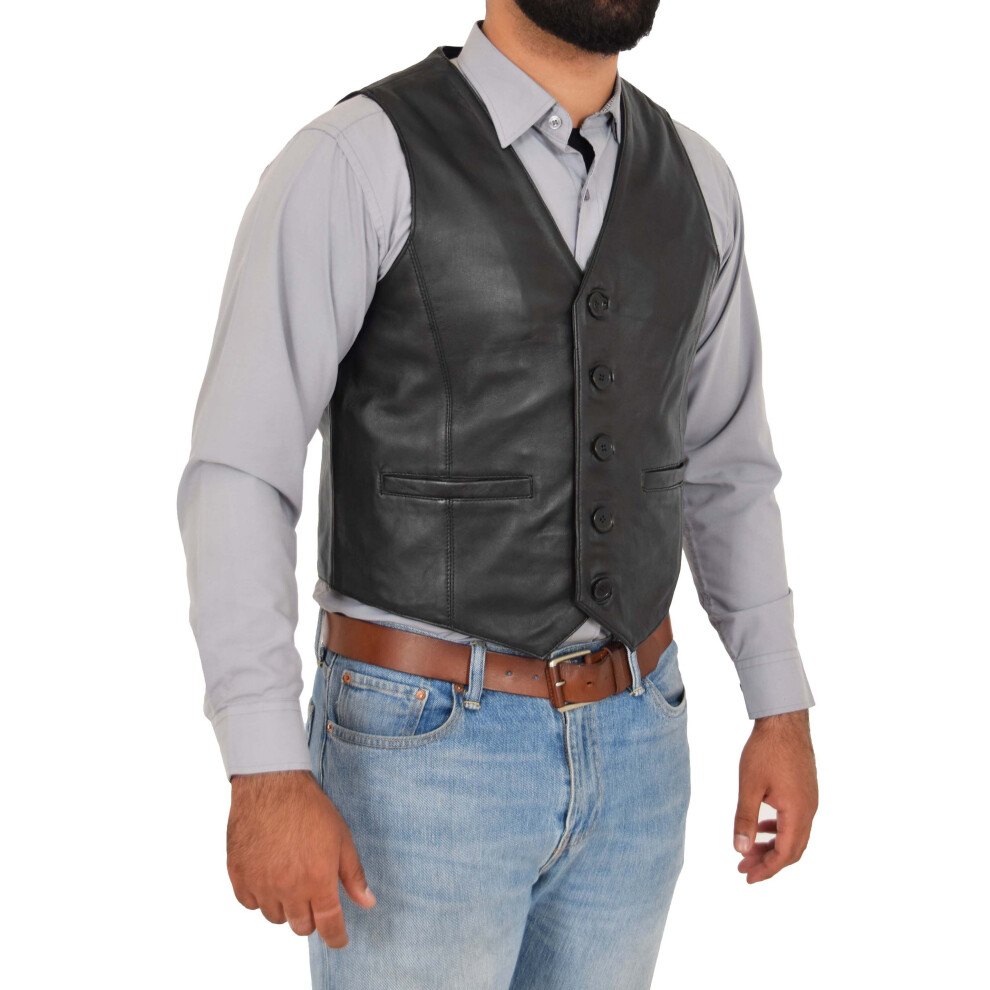 (Black, 3XL) Mens Full Leather Waistcoat Gilet Traditional Smart Vest King Black