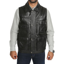 (Black, M) Countrymen Black Leather Waistcoat Multi Pockets Gilet Boyles