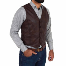 (Brown, L) Mens Full Leather Waistcoat Gilet Traditional Smart Vest King Brown