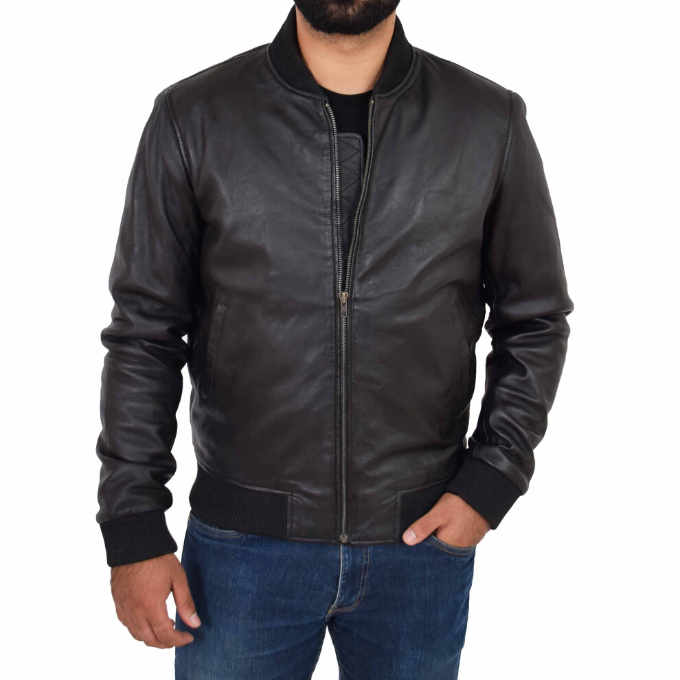 (Black, L) Mens Genuine Leather Bomber Jacket Jaxson Black