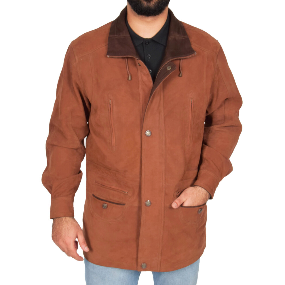 (Tan, 2XL) Gents Nubuck Leather Parka Coat Henry Tan