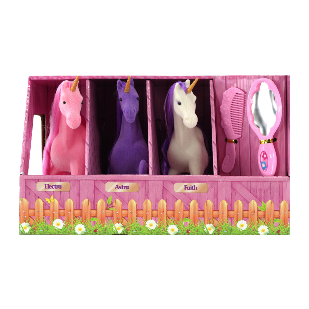 The Magic Toy Shop Set Of 3 Large Flocked Magic Unicorn Play Figures in Stable Play Set Toy