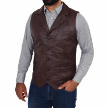 (Brown, 3XL) Mens Genuine Soft Leather Waistcoat Western Vest Yelek Rhys Brown