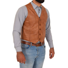(Tan, 3XL) Mens Full Leather Waistcoat Gilet Traditional Smart Vest King Tan