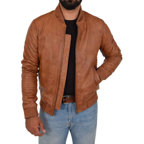 (Cognac, L) Mens Genuine Leather Bomber Jacket Jaxson Cognac