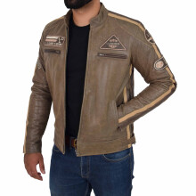 (Brown, 2XL) Mens Real Leather Biker Jacket Sports Badges Saul Brown
