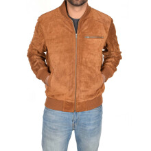 (Tan, 3XL) Mens Genuine Suede Bomber Jacket Roco Tan