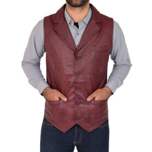 (Burgundy, XL) Mens Genuine Soft Leather Waistcoat Western Vest Yelek Rhys Burgundy