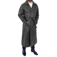 (Black, M) Mens Full Length Leather Coat Black Long Trench Overcoat Terry