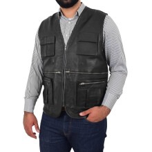 (Black, 3XL) Mens Real Black Soft Leather Fisherman Waistcoat Multi Pockets Gilet Curt