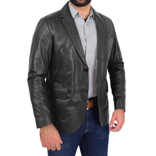 (M) Mens Blazer Leather Jacket Fitted 2 Button Fasten Donnie Black 1