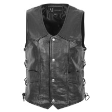 (Black, S) Mens Genuine Cowhide Black Leather Waistcoat Laced Sides Bikers Gilet Capone