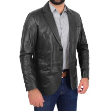 (L) Mens Blazer Leather Jacket Fitted 2 Button Fasten Donnie Black