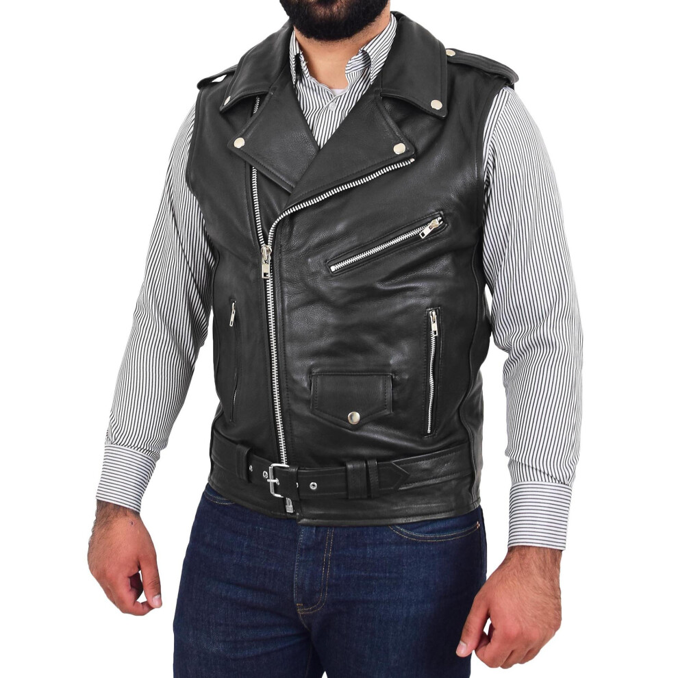 (Black, M) Mens Cowhide Leather Biker Waistcoat Sleeveless Brando Style Gilet Hurley Black