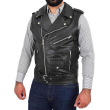 (Black, 2XL) Mens Cowhide Leather Biker Waistcoat Sleeveless Brando Style Gilet Hurley Black