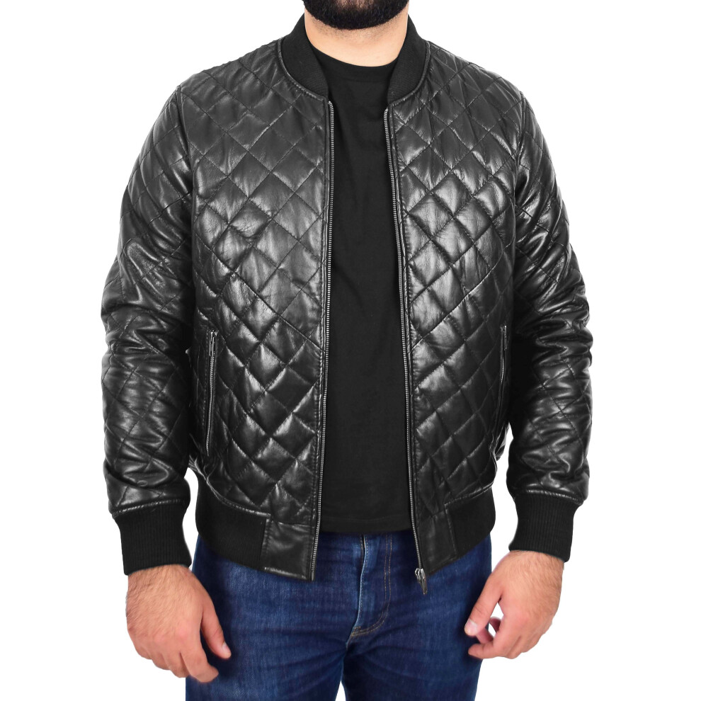 (M) Mens Bomber Leather Jacket Black Fully Quilted Padded Fitted Varsity - Darren