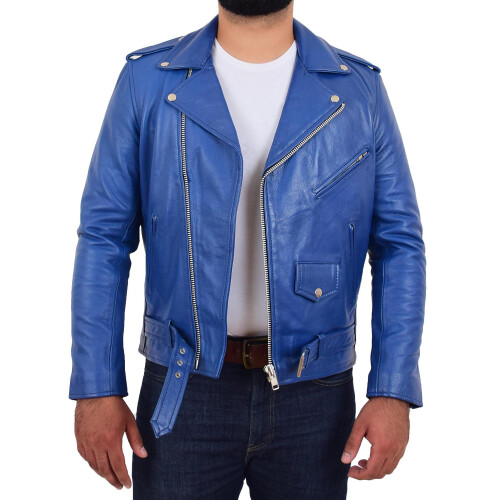 (Blue, M) Mens Real Cowhide Biker Leather Jacket Rock Blue 1