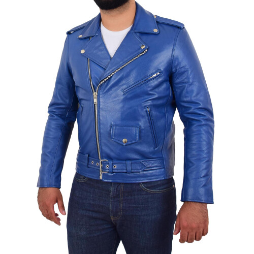 (Blue, M) Mens Real Cowhide Biker Leather Jacket Rock Blue 2