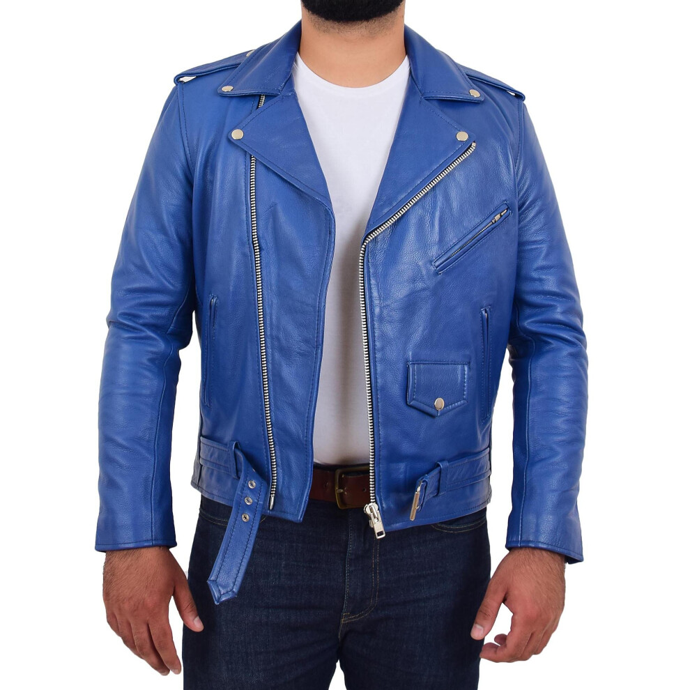 (Blue, 3XL) Mens Real Cowhide Biker Leather Jacket Rock Blue