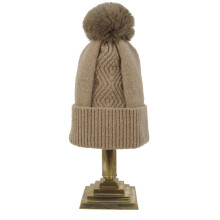 Ladies Bobble Hat Knitted Faux Fur Pom Pom Cuffed Beanie - Oatmeal