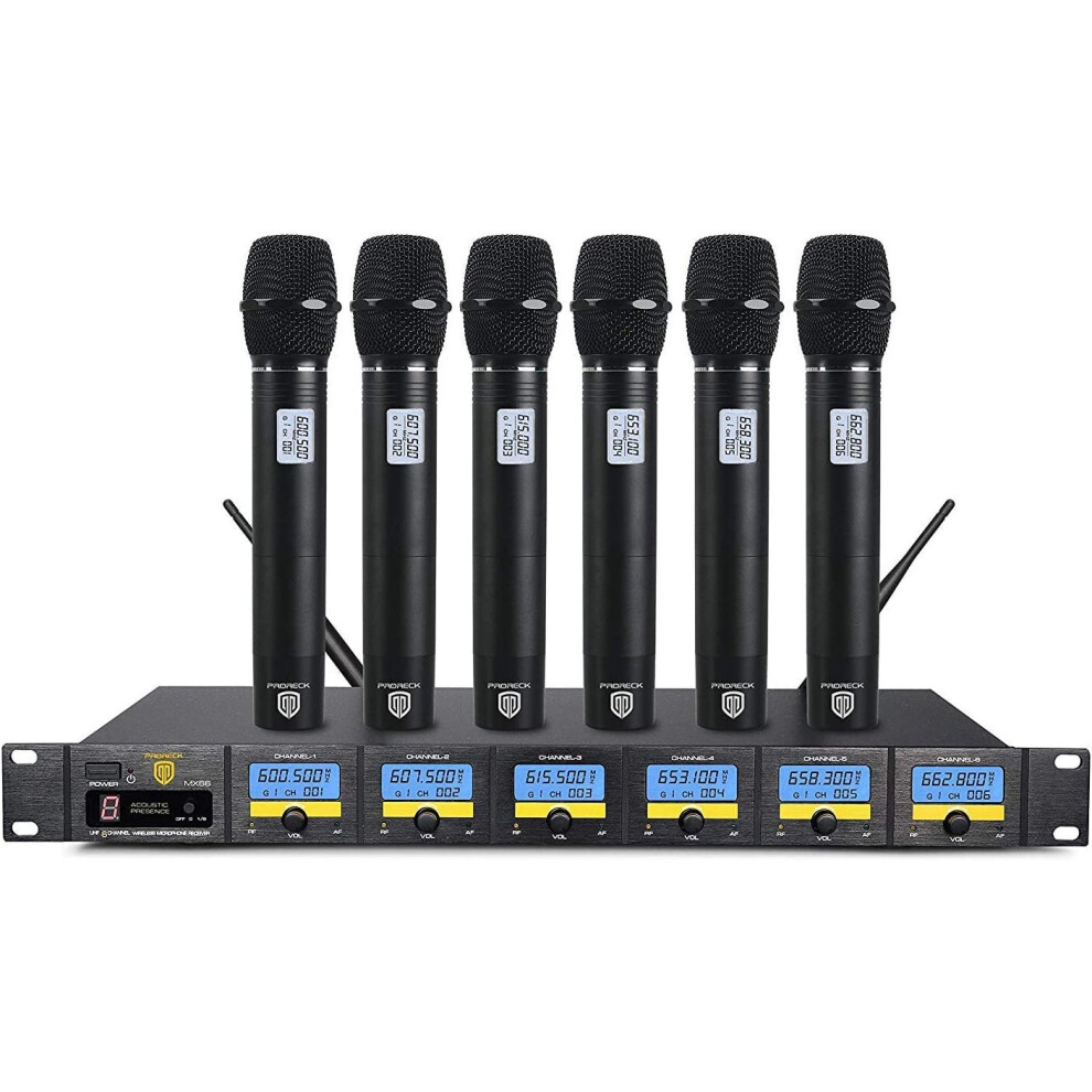 PRORECK MX66 6-Channel UHF Wireless Microphone System with 6 Hand-held Microphones Karaoke Machine for Party/Wedding/Church/Conference/Speech