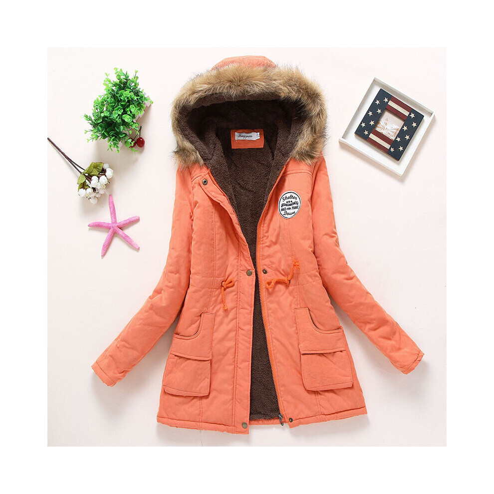 (Orange, M) Ladies Hooded Thickened Jacket Drawstring Pocket Long Sleeve Trench Coats