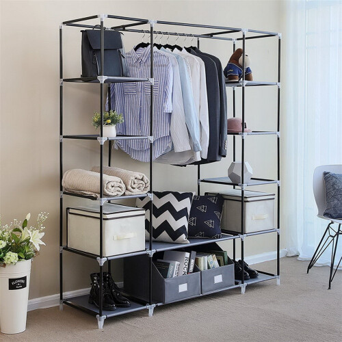 Fabric Wardrobe Clothes Closet Storage Organizer with Hanging Rail 2