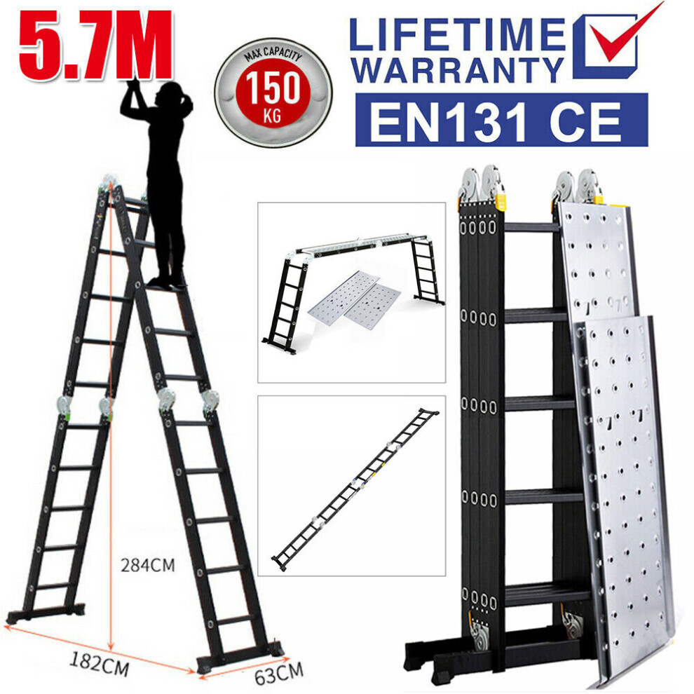 5.7M Aluminium Telescopic Folding Ladder Multi-Purpose Platform 150KG