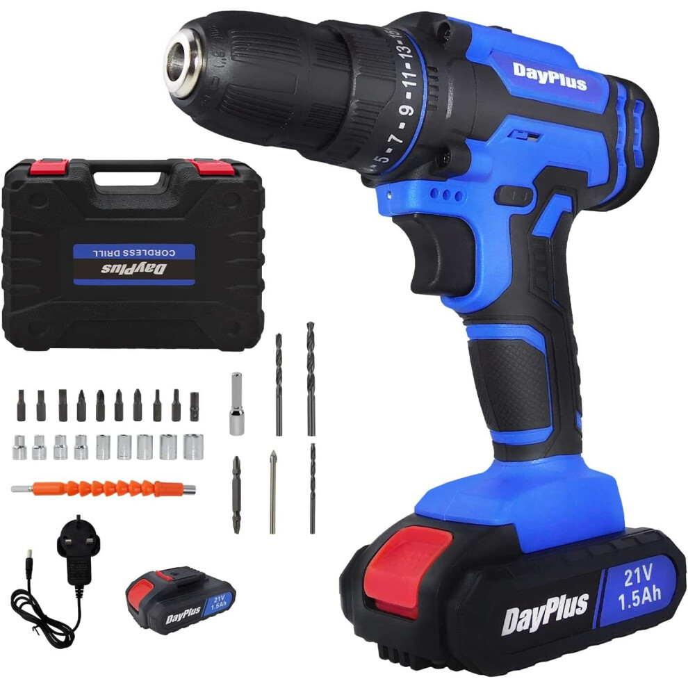 (Drill and Screwdriver Set 45Nm Power Tool with one Battery and 29pcs bit Feature LED Light and Hammer) Cordless Drill 21V Brushless 1/2" Drill Driver