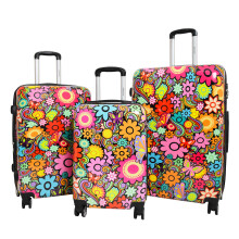 (Full Set of 3 Sizes Cabin+Medium+Large) 4 Wheel Suitcases Multicoloured Flower Print PC Hard Shell Luggage Lightweight Travel Bags Orchid