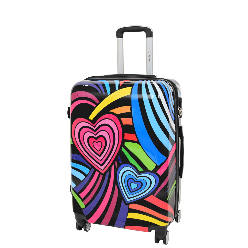 (Multicolour, Medium) Expandable Hard Shell Multicolour Hearts 4 Wheel Luggage Suitcase