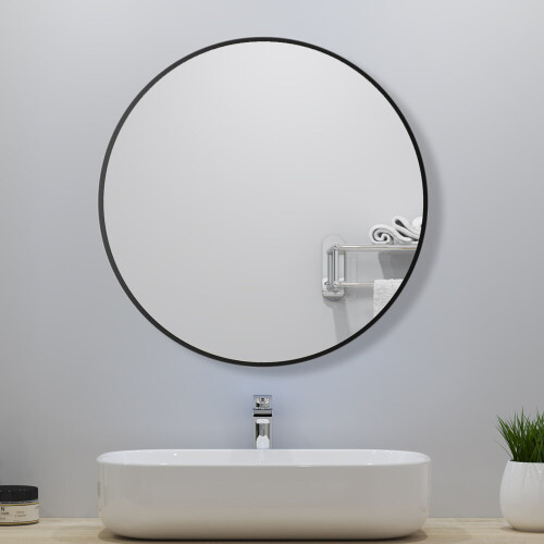 (Black, 80cm) Large round wall mirror aluminum frame home decor