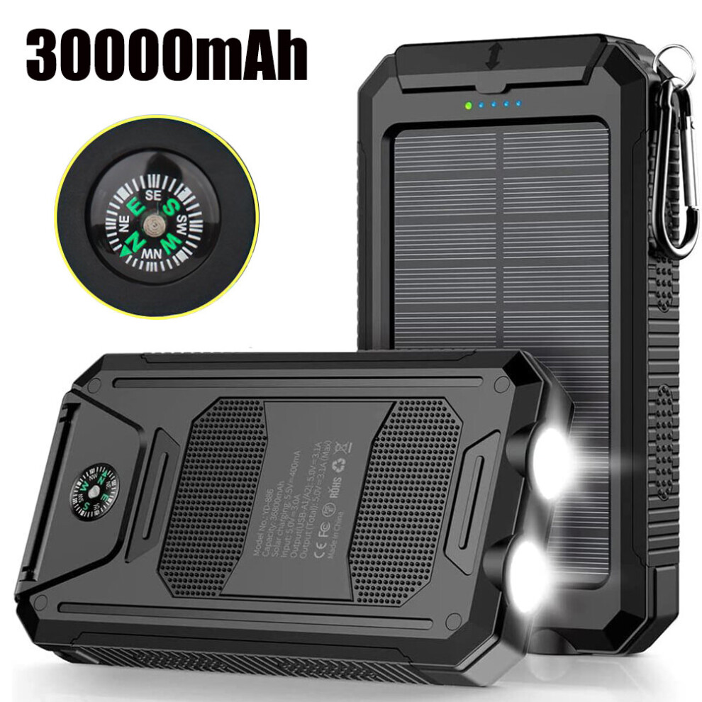 Solar Power Bank, 30000mAh Dual USB Charging Power Bank with LED Light