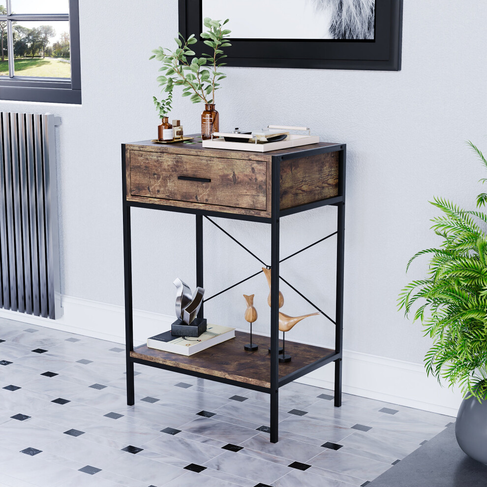 (Dark Wood) Brooklyn 1 Drawer Console Table Industrial Storage