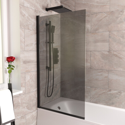 NES Home 800mm Square Bath Screen Matt Black Profile Grey Tinted Glass Reversible | Sky