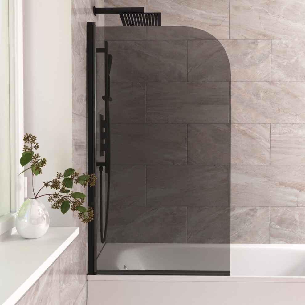 Denver 800mm Curved Bath Screen Matt Black Profile Grey Tinted Glass Reversible