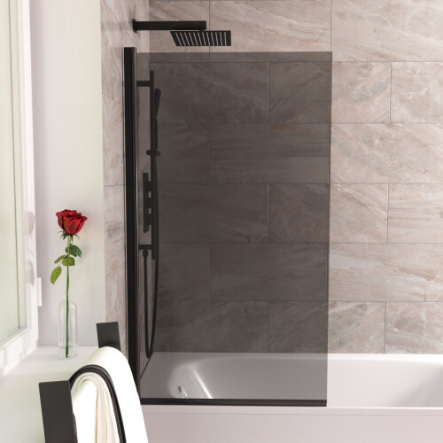 NES Home 800mm Square Bath Screen Matt Black Profile Grey Tinted Glass Reversible | Sky 2