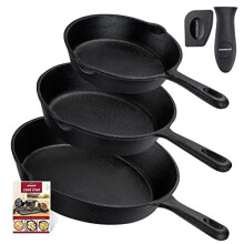 OVERMONT Pre-Seasoned Cast Iron Skillet Set?(9.6Inch-24.5cm) (7.7Inch-19.5cm) (6Inch-15.24cm) Frying Pans Oven Pot Safe Cookware for Indoor, Barbecue,