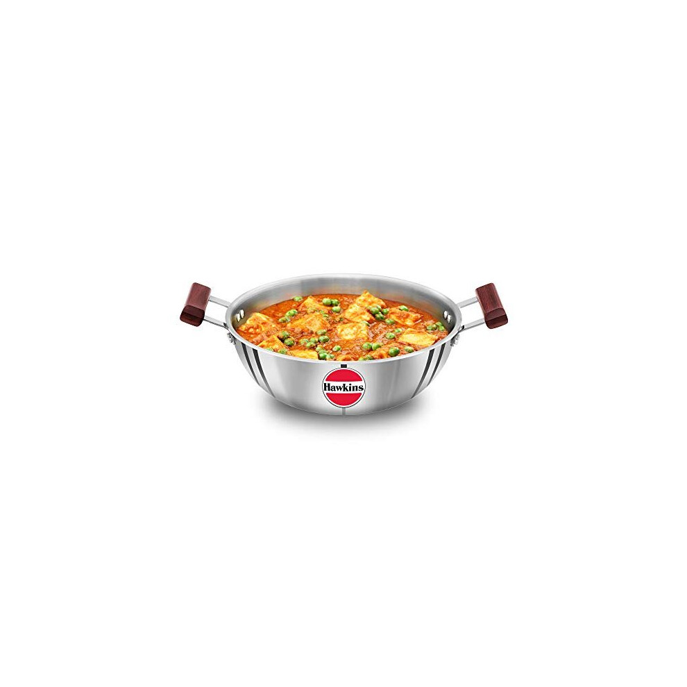 Hawkins 4 Litre Deep Kadhai, Triply Stainless Steel Kadai, Flat Bottom Induction Kadhai, Big Kadai, Silver (SSK40)