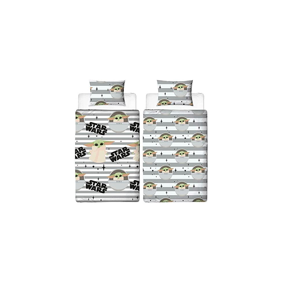 CnA Stores Star Wars Mandalorian Baby Yoda Grogu Single Duvet Cover Bedding set Reversible, Grey, White, Black Green