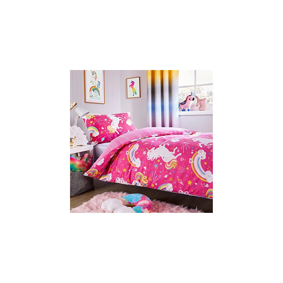 Olivia Rocco Unicorn Rainbow Duvet Cover Set Pink Duvet Cover Quilt Fitted Sheet Pillow Case Kids Bedding Set Soft Easy Care Kids Children's Bedding