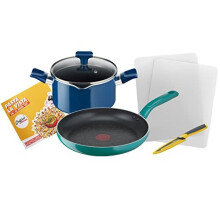 Chefclub by Tefal Pasta La Vista Cookware Set: Frypan 28 cm, Stewpot 20 cm, Utility Knife, Cutting Board, Recipe Booklet G804S404, Green & Blue
