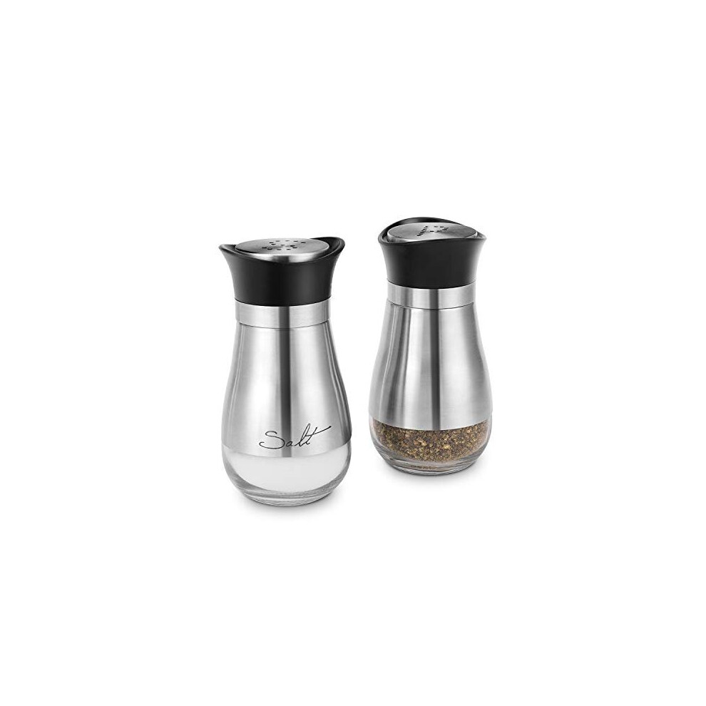 Flexzion Modern Salt and Pepper Shakers Set, Glass Canister Dispenser with Stainless Steel Sleeve and Black Lid for Spices, Sea/Kosher/Himalayan Salts