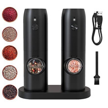 YISUN Rechargeable Electric Salt and Pepper Grinder Set, Pepper Mill Adjustable Coarse and Fine, with Charging Base and LED Light, ABS Black, 2 pcs