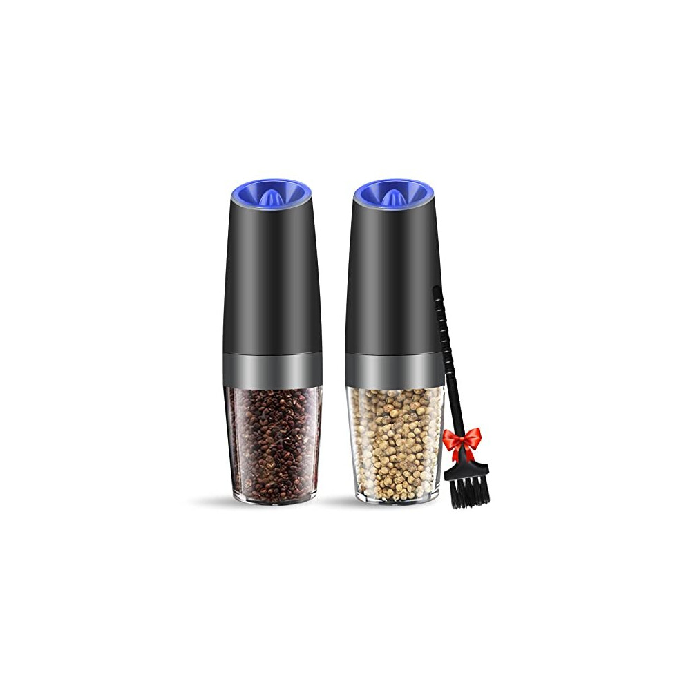 MOVNO Gravity Electric Salt and Pepper Grinder Set of 2 with Blue LED Light, Battery Powered Pepper Automatic Mill Grinder with a Brush, Adjustable