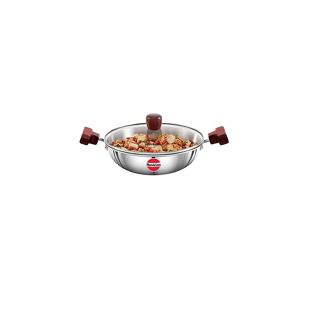 Hawkins 1.5 Litre Deep Fry Pan, Triply Stainless Steel Kadai with Glass Lid, Flat Bottom Induction Kadhai, Small Kadai, Silver (SSD15G)