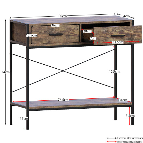 Vida Designs (Dark Wood) Brooklyn Industrial 2 Drawer Console Table Shelf 1