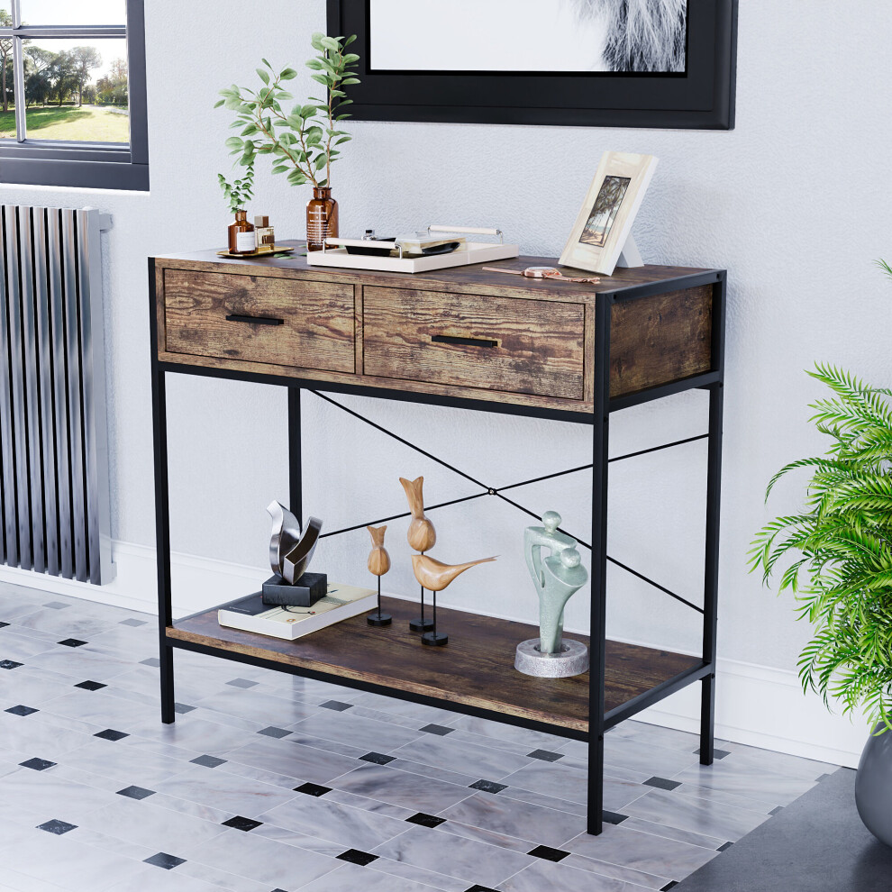 (Dark Wood) Brooklyn Industrial 2 Drawer Console Table Shelf