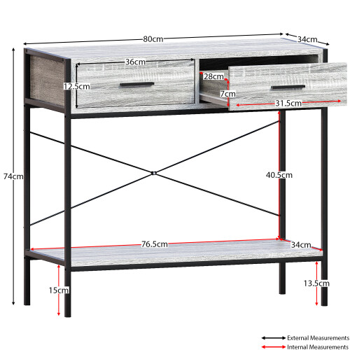 Vida Designs (Grey) Brooklyn Industrial 2 Drawer Console Table Shelf 1